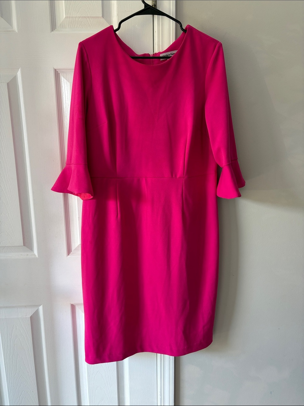 Shelby & Palmer Hot Pink Midi Sheath Dress with Ruffle Sleeves